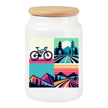 Retro Pop Cycle & Mountain Sunset - Cookie Jar with Wooden Lid - white - Front