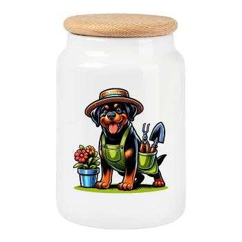 Rottweiler dog gardener design - Cookie Jar with Wooden Lid - white - Front