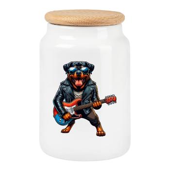 Rottweiler dog guitar design - Cookie Jar with Wooden Lid - white - Front