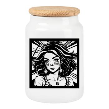 Fille de princesse hippie dans le style de bande dessinée Manga - Boîte à biscuits avec couvercle en bois - blanc - Devant