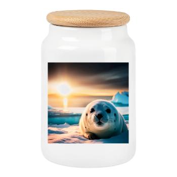 Bébé Phoque - Boîte à biscuits avec couvercle en bois - blanc - Devant