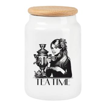 Samovar Tea Time femme cadeau - Boîte à biscuits avec couvercle en bois - blanc - Devant