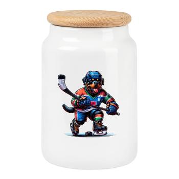 Chien de hockey sur glace Rottweiler - Boîte à biscuits avec couvercle en bois - blanc - Devant