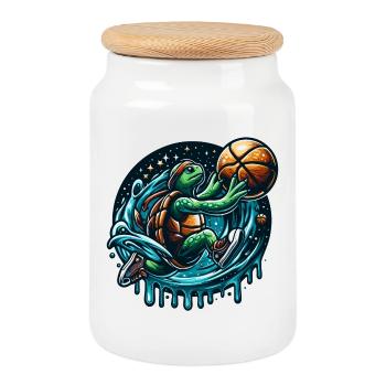 Basketball Turtle Dunking Gift - Cookie Jar with Wooden Lid - white - Front