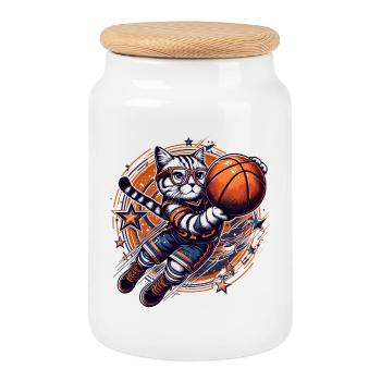 Basket-ball chat Dunking lunettes cadeau - Boîte à biscuits avec couvercle en bois - blanc - Devant