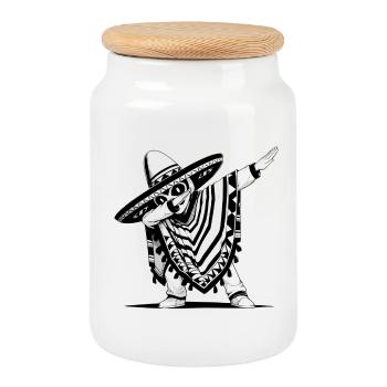 Festive Mexican Poncho with Dab - Cookie Jar with Wooden Lid - white - Front