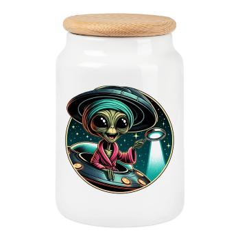Alien detective in UFO light - Cookie Jar with Wooden Lid - white - Front