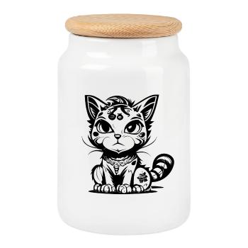 Cute Seated Manga Comic Cat - Cookie Jar with Wooden Lid - white - Front