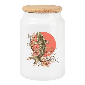 Poisson élégant avec motif de fleurs de cerisier - Boîte à biscuits avec couvercle en bois - blanc - Devant