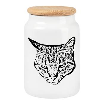 Chat Tête de chat noir - Boîte à biscuits avec couvercle en bois - blanc - Devant