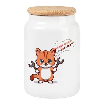 Chaton mignon avec des outils et une question - Boîte à biscuits avec couvercle en bois - blanc - Devant
