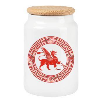 Greek Red Gryphon Symbol - Cookie Jar with Wooden Lid - white - Front