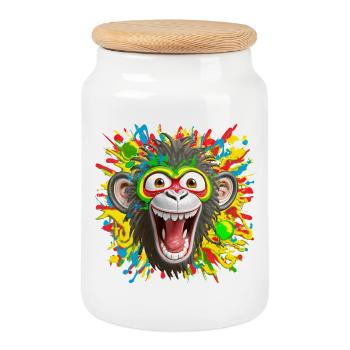 Portrait/Head of Colorful Rasta Monkey Burst with Laughter - Cookie Jar with Wooden Lid - white - Front