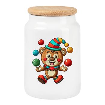 Whimsical Circus Bear with Juggling Balls - Cookie Jar with Wooden Lid - white - Front