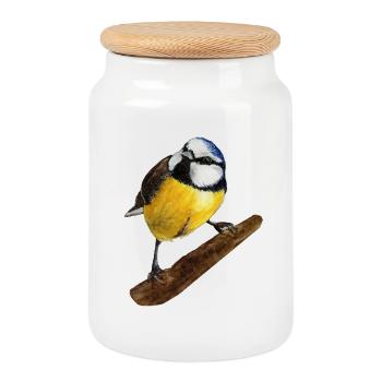 Blaumeise Meise handgemaltes Aquarell - Keksdose mit Holzdeckel - Weiß - Vorne