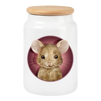 cute mouse looking out of the mouse hole - Cookie Jar with Wooden Lid - white - Front