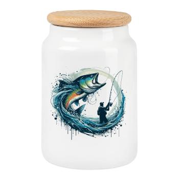 Cadeau dynamique de pêche - Boîte à biscuits avec couvercle en bois - blanc - Devant