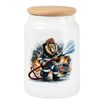 Camion de pompier Lion cadeau - Boîte à biscuits avec couvercle en bois - blanc - Devant