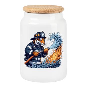 Cadeau de tigre de pompier - Boîte à biscuits avec couvercle en bois - blanc - Devant