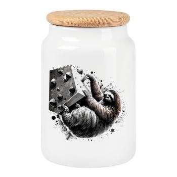 Bouldering Sloth Gift - Cookie Jar with Wooden Lid - white - Front