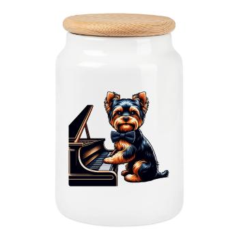 Yorkshire Terrier Piano Klavier - Keksdose mit Holzdeckel - Weiß - Vorne