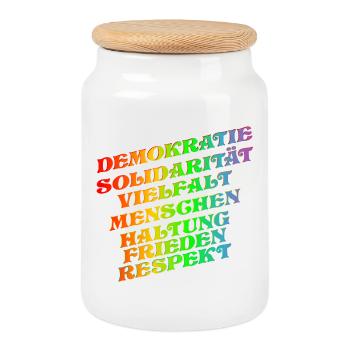 DEMOKRATIE SOLIDARITÄT VIELFALT - Keksdose mit Holzdeckel - Weiß - Vorne