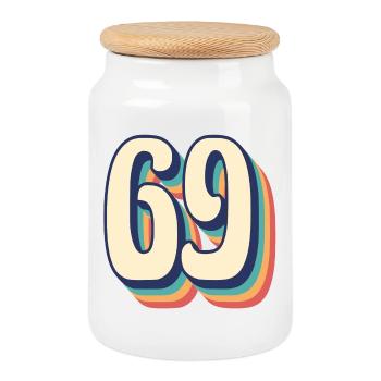 Vintage Retro T-Shirt Nummer 69 Sixty Nine - Keksdose mit Holzdeckel - Weiß - Vorne