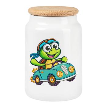 Tortue aventureuse conduisant une voiture - Boîte à biscuits avec couvercle en bois - blanc - Devant