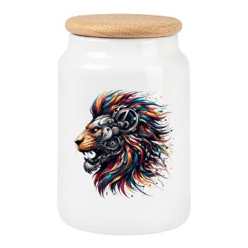 Lion Cyborg Robot Page cadeau - Boîte à biscuits avec couvercle en bois - blanc - Devant