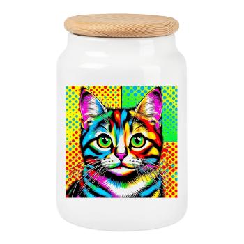 Katze Pop Art - Keksdose mit Holzdeckel - Weiß - Vorne
