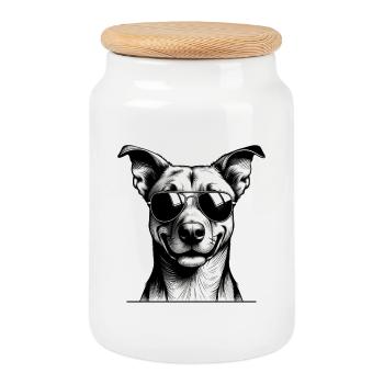 Dog with sunglasses line art - Cookie Jar with Wooden Lid - white - Front