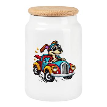 Chiot Rapide en Voiture Colorée Tee - Boîte à biscuits avec couvercle en bois - blanc - Devant