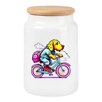 Dog rides bike comic style transparent - Cookie Jar with Wooden Lid - white - Front