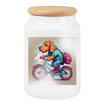 dog on bike | Transparent effect - Cookie Jar with Wooden Lid - white - Front
