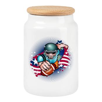 Football player with football and USA flag - Cookie Jar with Wooden Lid - white - Front