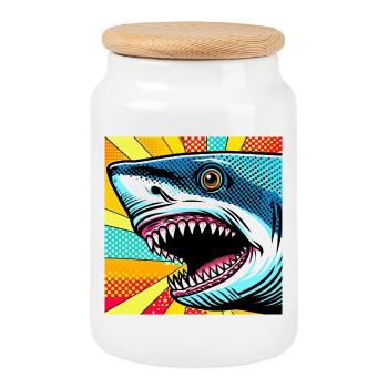Requin Pop Art - Boîte à biscuits avec couvercle en bois - blanc - Devant