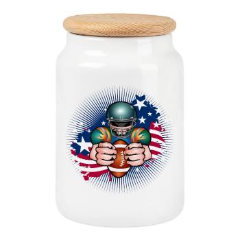 Football player with football and USA flag - Cookie Jar with Wooden Lid - white - Front