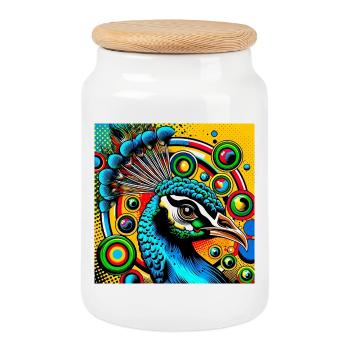 Paon Pop Art - Boîte à biscuits avec couvercle en bois - blanc - Devant