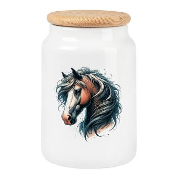 Tête de cheval à crinière fluide - Boîte à biscuits avec couvercle en bois - blanc - Devant