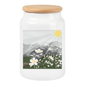 Prairie de fleurs blanches devant le panorama de montagne au printemps - Boîte à biscuits avec couvercle en bois - blanc - Devant