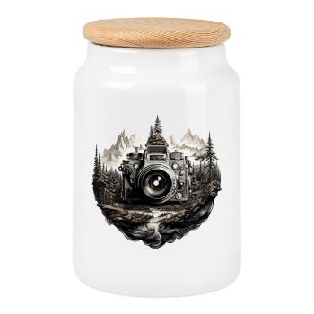 Camera in mountain landscape - Cookie Jar with Wooden Lid - white - Front
