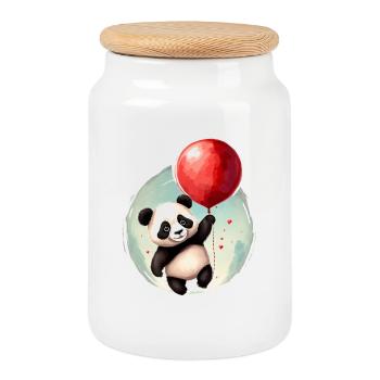Panda Bear with Balloon - Cookie Jar with Wooden Lid - white - Front