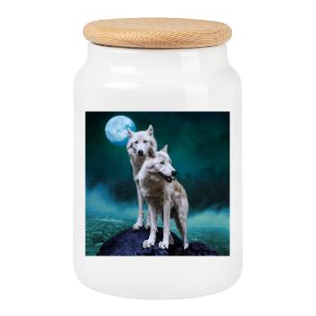 Loups blancs / Deux loups blancs - Boîte à biscuits avec couvercle en bois - blanc - Devant