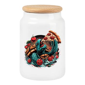 Turtle Pizza Tomato Design - Cookie Jar with Wooden Lid - white - Front