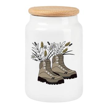 Hiking boots filled with meadow flowers - Cookie Jar with Wooden Lid - white - Front
