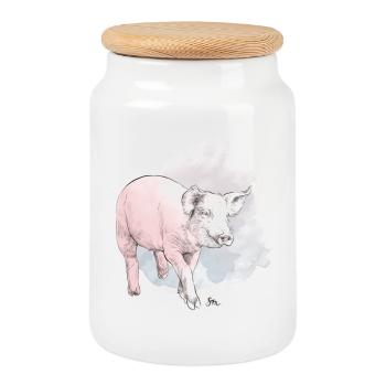 Cochon mignon devant une masse colorée - Boîte à biscuits avec couvercle en bois - blanc - Devant
