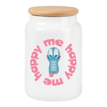 Figure ludique avec texte devise happy me - Boîte à biscuits avec couvercle en bois - blanc - Devant