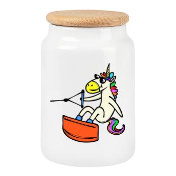 Wakeboard, Cascade, Sports nautiques, Wakesurf, Licorne - Boîte à biscuits avec couvercle en bois - blanc - Devant