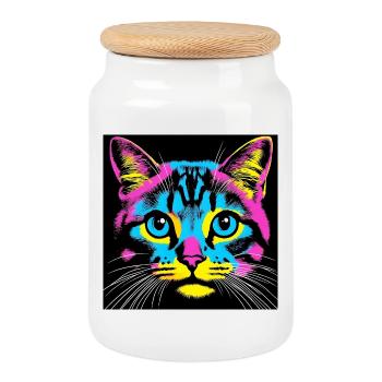 Chat Pop Art - Boîte à biscuits avec couvercle en bois - blanc - Devant