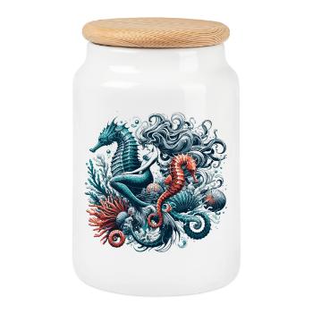 Sirène sirène hippocampe cadeau - Boîte à biscuits avec couvercle en bois - blanc - Devant